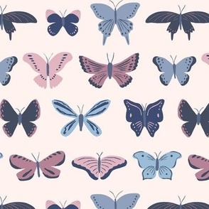 Butterfly Flutter in Mauve and Blue on Cream