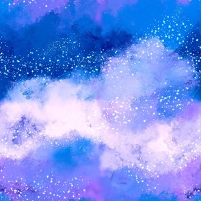 Whimsical Blue and Lavender Cloudy Night Sky with Stars