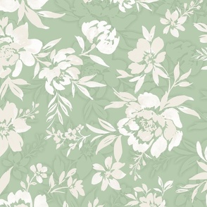White Painted Floral Sage Green Background Wallpaper