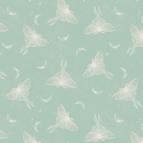 Luna Moths and Crescent Moons in Speckled Soft Sage