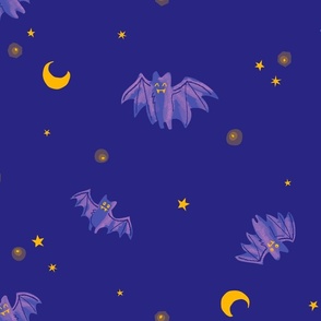 Halloween Bats with Moon & Stars in Royal Blue Colorway (24" wide, 1/2 drop)
