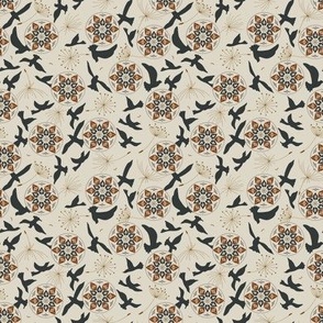 (S) black flying birds, copper dandelion, boho style flower medallions on light beige