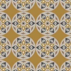 floral medallion in rustic grey, white and copper on goldenrod yellow (small)