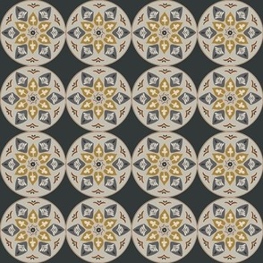 floral medallion in rustic grey, white, goldenrod and russet on black (small)