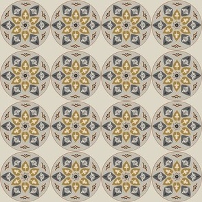 floral medallion in rustic goldenrod, grey, white and russet on beige (small)