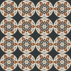floral medallion in rustic russet, grey, black and goldenrod on black (small)