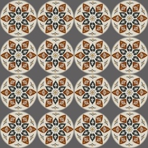 floral medallion in rustic russet, black, beige on grey (small)