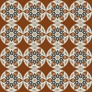 floral medallion in black, beige, goldenrod, grey on mahogany (small)
