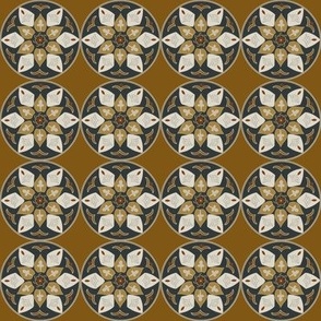 (S) floral medallion in rustic goldenrod, black, beige, grey, russet on bright copper brown (small)