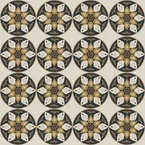 (S) floral medallion in rustic colors goldenrod, grey, russet, white, black on beige