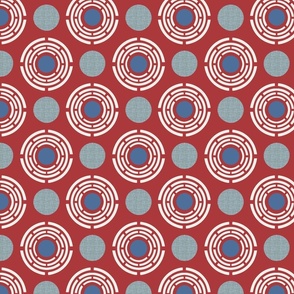 Blue and white circles on red-medium scale