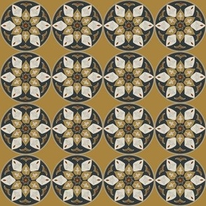(S) floral medallion in rustic colors black, beige, grey, russet on goldenrod yellow