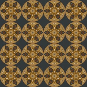 (S) floral medallion in rustic goldenrod, russet, copper, white on black