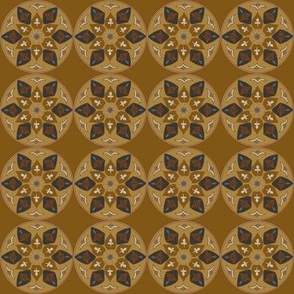 (S) floral medallion in rustic russet, beige, black on bright copper brown