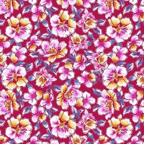 VASSY WATERCOLOUR TROPICAL FLORAL- RED SML