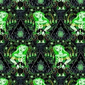 Green Witch Damask - Magically Mystical Green Witch -- Intricate Green Damask Witch -- 16.98in x 14.12in repeat -- 600dpi (25% of Full Scale)