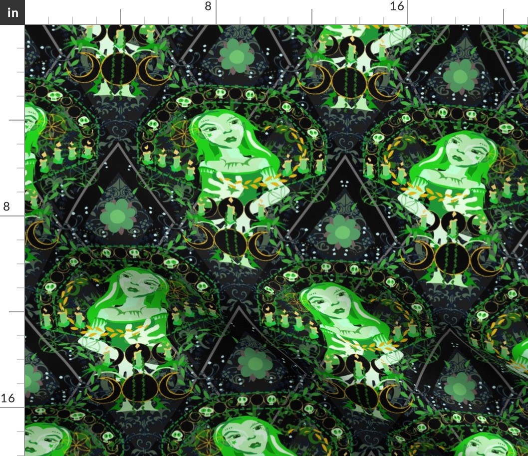 Green Witch Damask - Magically Mystical Green Witch -- Intricate Green Damask Witch -- 16.98in x 14.12in repeat -- 600dpi (25% of Full Scale)
