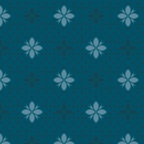 (M) morocco flower tiles in black and blue on cerulean blue