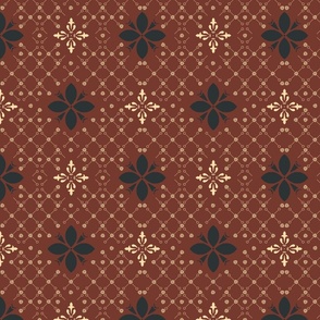 (M) morocco flower tiles in black and yellow on mahogany red