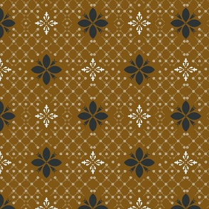 (M) morocco flower tiles in black and white on honey brown