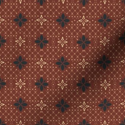 (S) morocco flower tiles in black and yellow on mahogany red