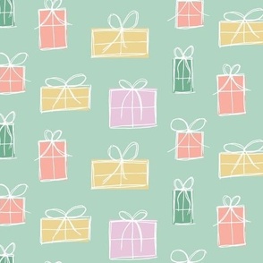 Pastel Gift Wrapped Presents on Green