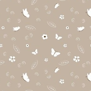 Ditsy Butterflies and Flowers Tossed on Soft Beige 