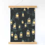 Witchy whimsy gothic fairy lights lantern bell flowers in dark moody black green