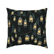 Witchy whimsy gothic fairy lights lantern bell flowers in dark moody black green