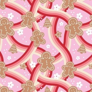 Retro groovy Holidays - Christmas gingerbread cookies seasonal food trees stars flowers and rainbows vintage design beige red blush on pink