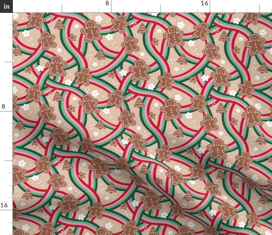 Retro groovy Holidays - Christmas gingerbread cookies seasonal food trees stars flowers and rainbows vintage design beige tan pink mint pine on beige