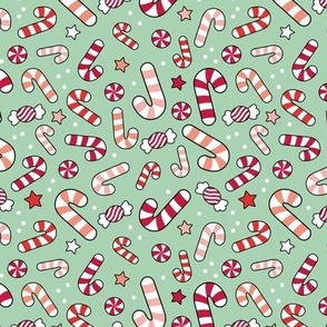 Retro groovy holidays - christmas candy canes and seasonal sweets stars and snow red orange blush on mint green