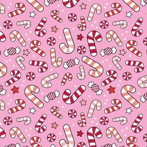 Retro groovy holidays - christmas candy canes and seasonal sweets stars and snow red orange on pink