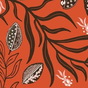 Fall Foliage Leaves Branches and Owls on Red Orange Background