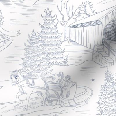 Vintage Christmas Sleigh Ride Toile de Jouy Blue 