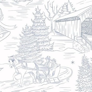 Vintage Christmas Sleigh Ride Toile de Jouy Blue 