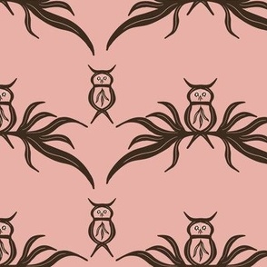 Owls on Branches in Dark Brown on Pink Background