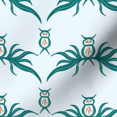 Owls on Branches  in Turquoise on Light Blue Background