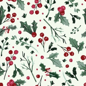 Watercolor Winter Leaves Branches and Berries - Holiday Foliage Green and Red - Holiday Home Decor