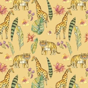 Watercolor jungle animals, giraffe and tiger