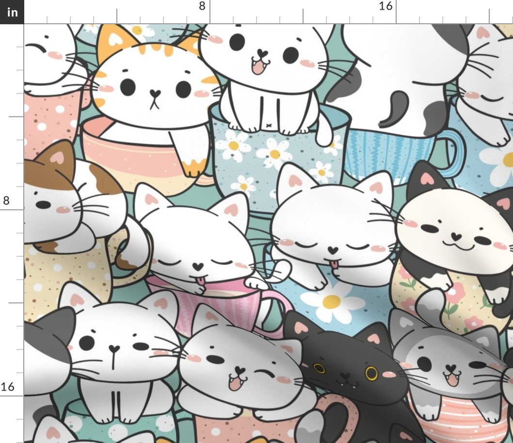Cute Cats in Pastel Mugs - L