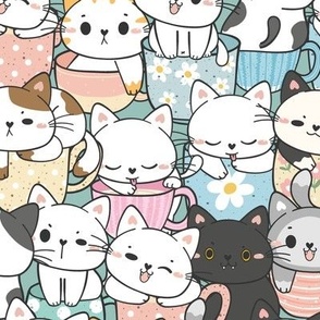 Cute Cats in Pastel Mugs - M
