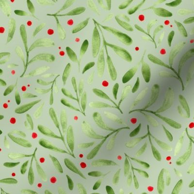Mistletoe Christmas Watercolor on light green background
