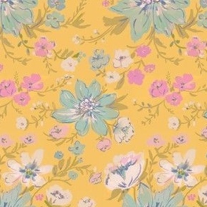 blue floral on vintage yellow