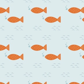 Under the Sea Orange Fish, Bubbles and Ocean Waves on Light Blue - Kid's Bedding