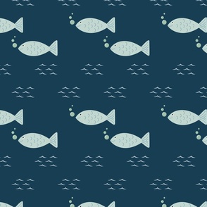 Under the Sea Fish, Bubbles, and Ocean Waves on Navy Blue - Kid's Bedding