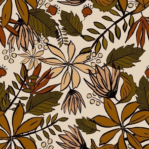 Tropical Leaves botanical with rust, brown, khaki - Fall Colors - Large Scale