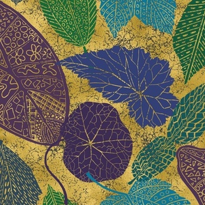 Block-Cut Tossed Leaves (Large) -Jewel-Tone Purples and Greens on Gold Foil  (TBS123)