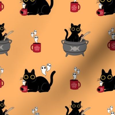 Black Cats with Cauldrons and Hot Drinks on yellow. 