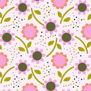 Tossed Pattern of Pink and Orange Flowers